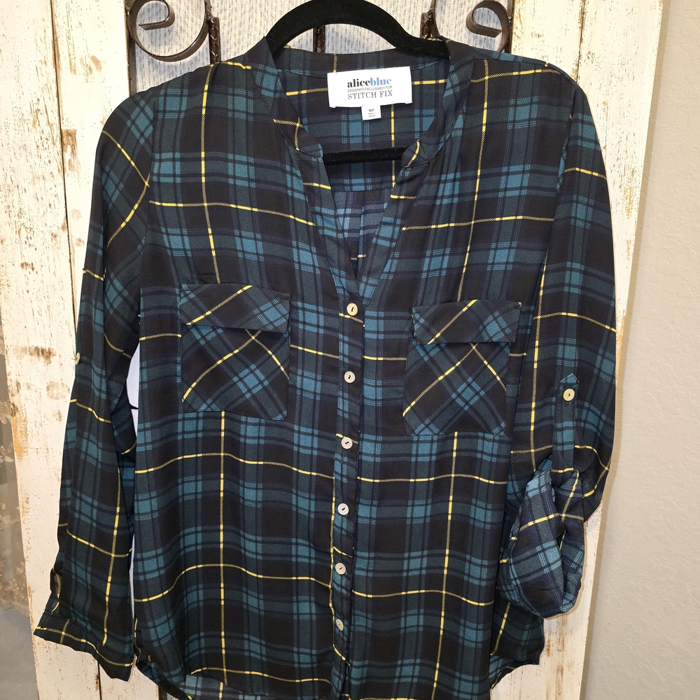 Alice Blue Teal and Yellow Plaid Button Shirt
